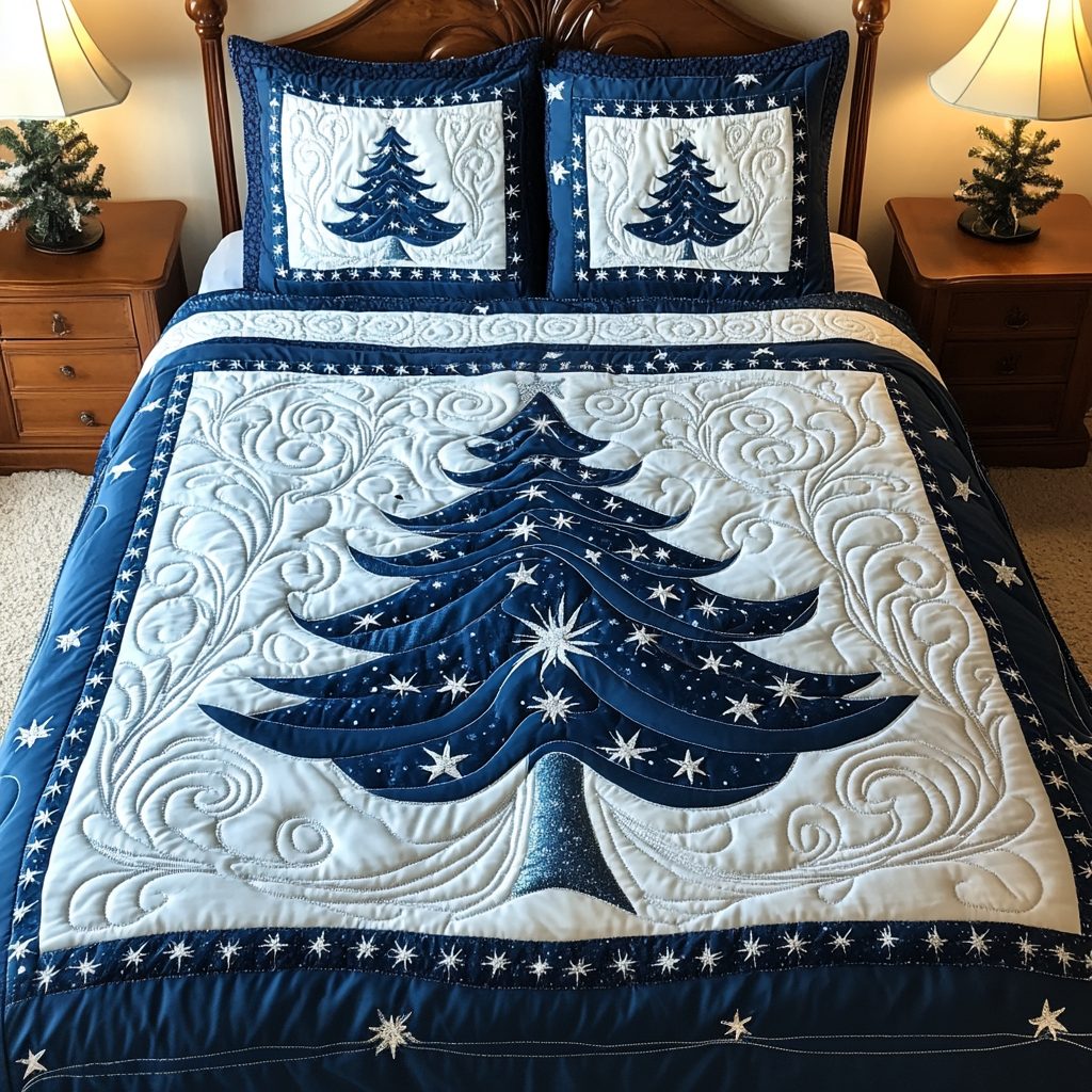Winter Wonderland Tree quilted 3-piece bedding set on a made bed in a winter-styled bedroom