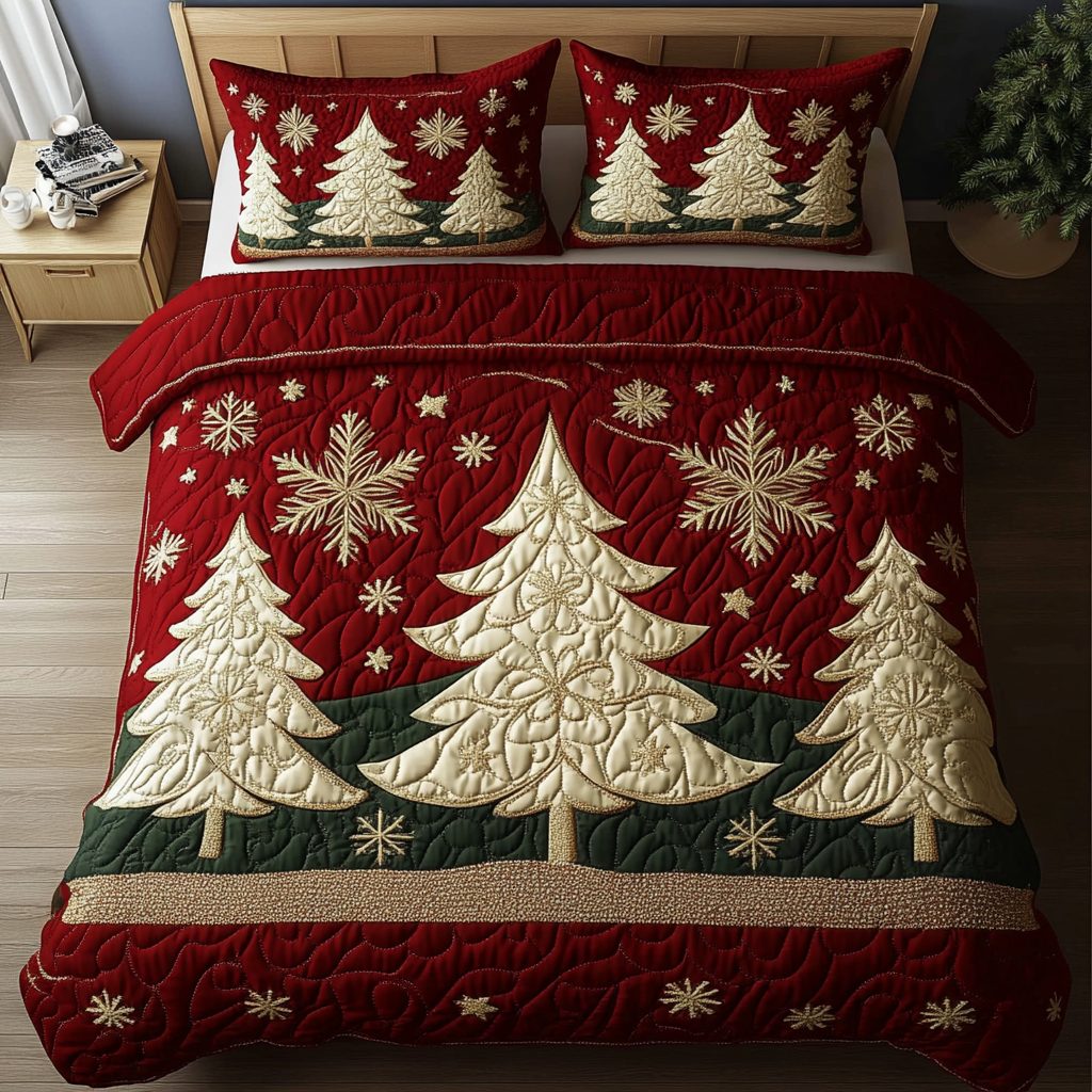 Winter Wonderland Trees quilted 3-piece bedding set on a made bed in a winter-styled bedroom
