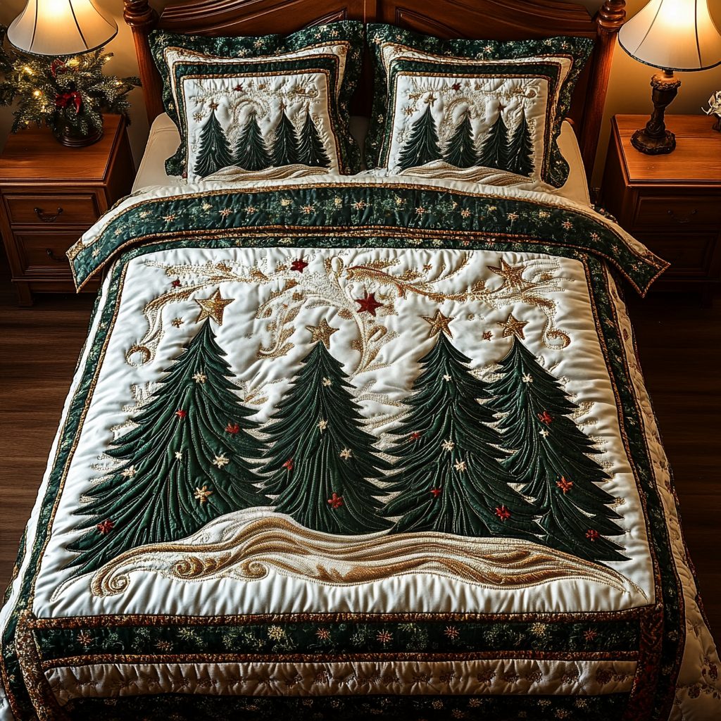 Winter Woods quilted 3-piece bedding set on a made bed in a winter-styled bedroom