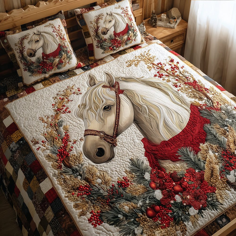 Winterberry Horse quilted 3-piece bedding set on a made bed in a winter-styled bedroom