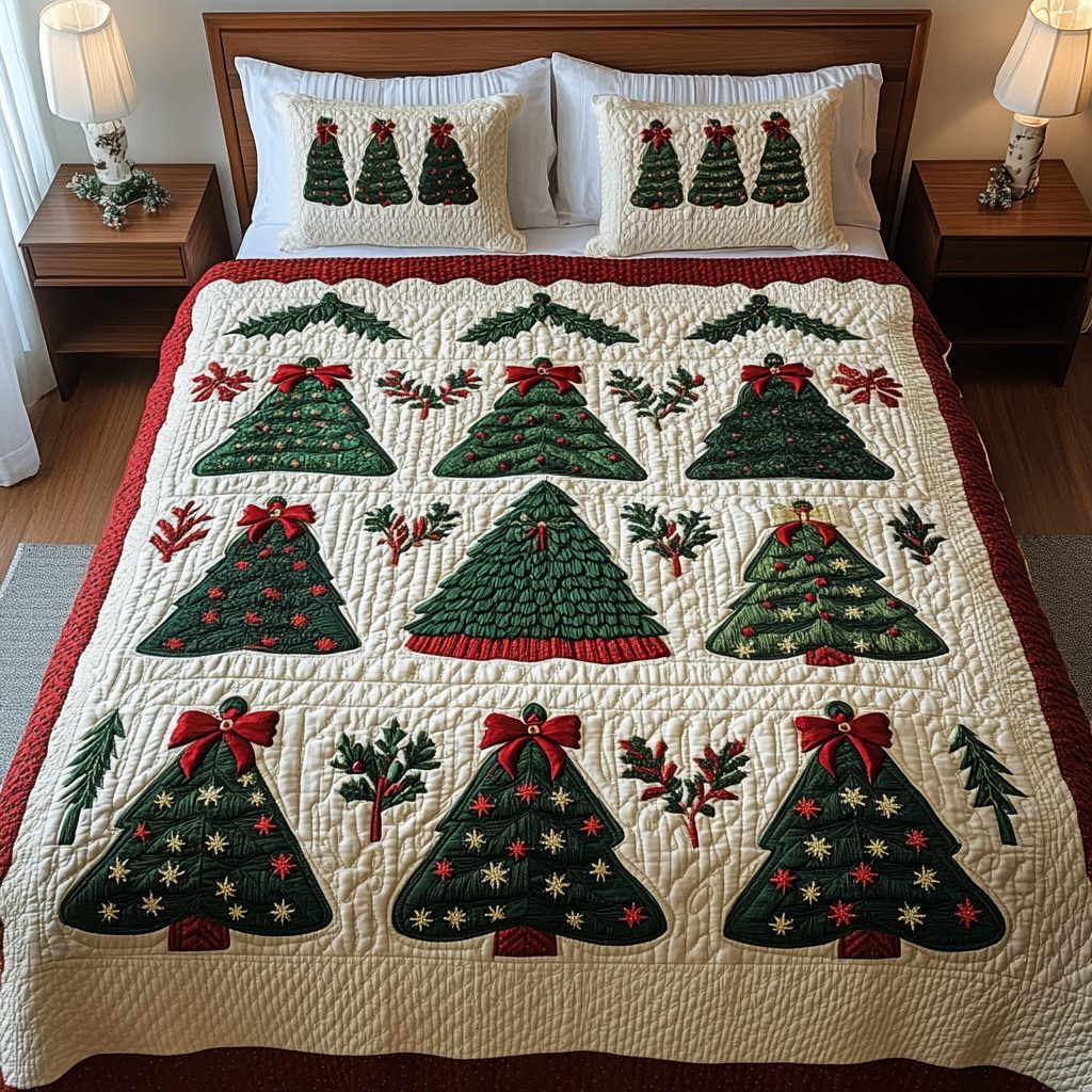 Winterland Dreams quilted 3-piece bedding set on a made bed in a winter-styled bedroom