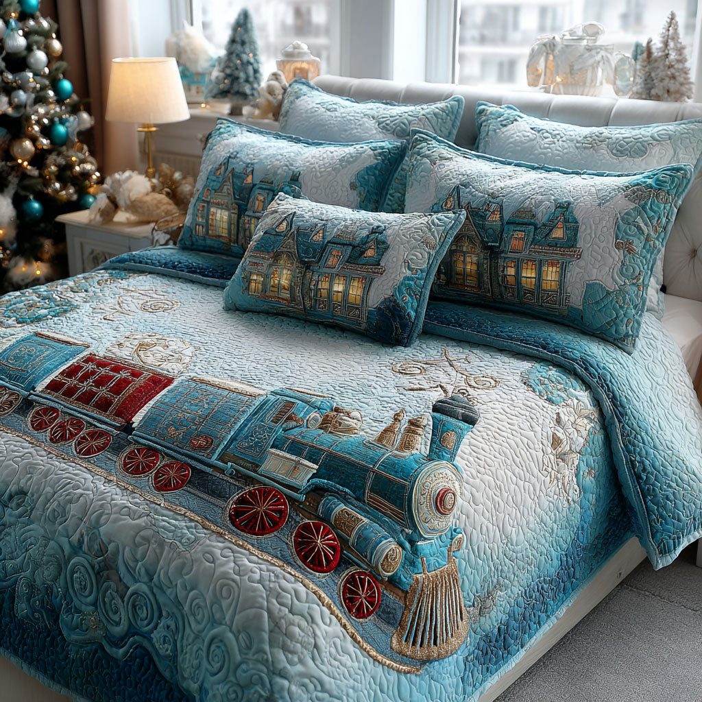 Winterline Express quilted 3-piece bedding set on a made bed in a winter-styled bedroom