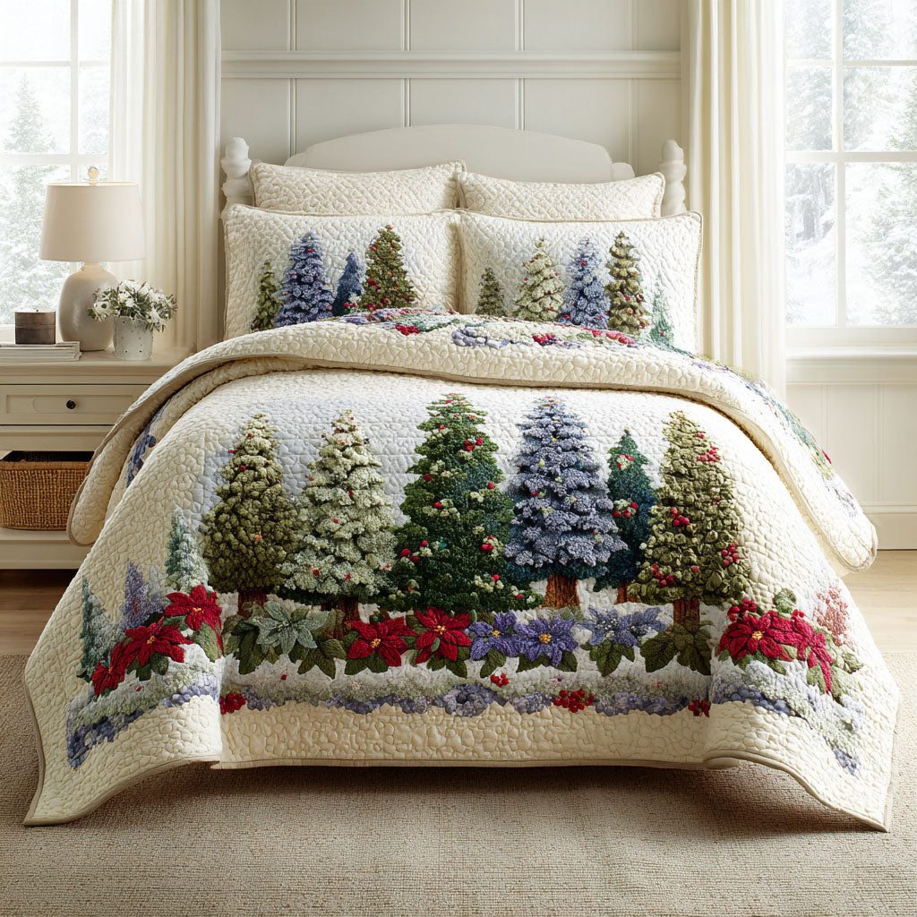 Winterwood Serenity quilted 3-piece bedding set on a made bed in a winter-styled bedroom