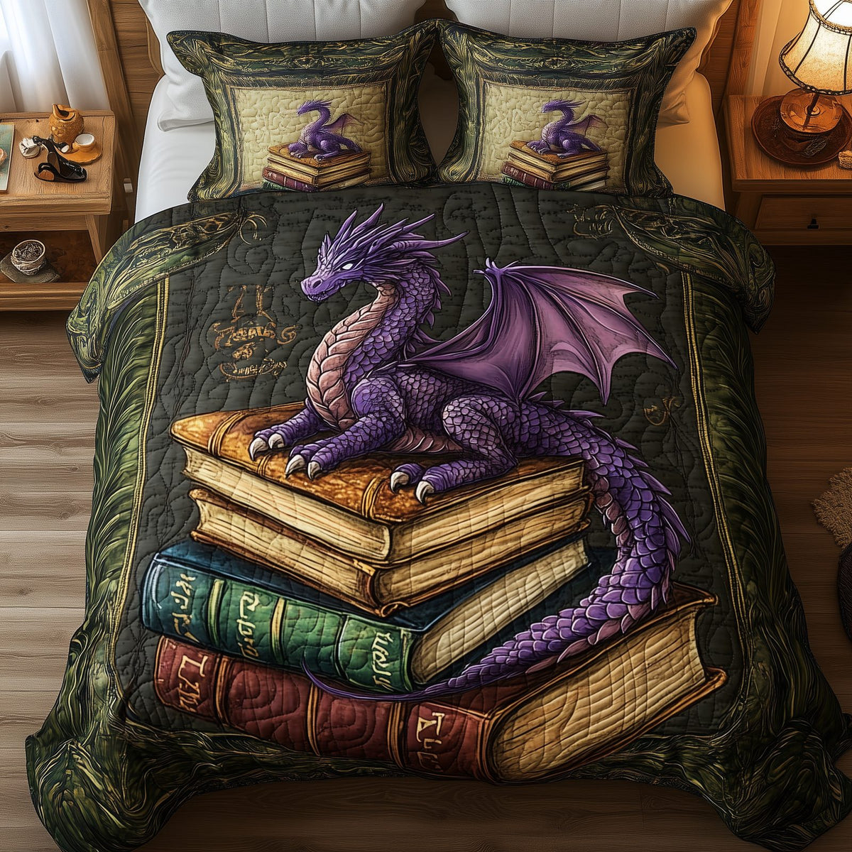 Wisdom Dragon quilted 3-piece bedding set on a made bed with two matching pillow shams