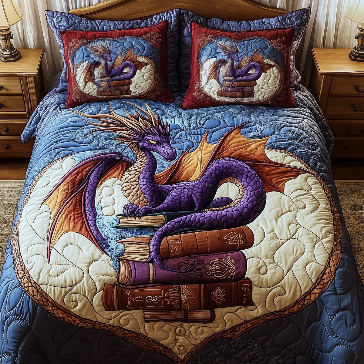 Wisdom Dragon quilted 3-piece bedding set on a made bed with two matching pillow shams