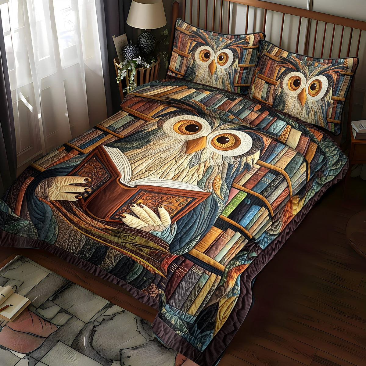 Wisdom in the Pages quilted 3-piece bedding set on a made bed with two matching pillow shams