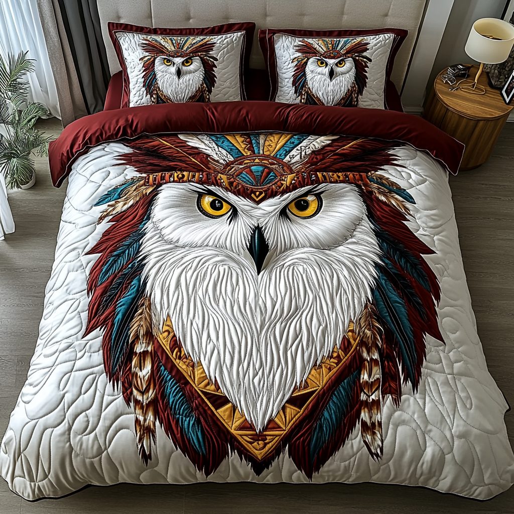 Wisdom Keeper quilted 3-piece bedding set on a made bed with two matching pillow shams