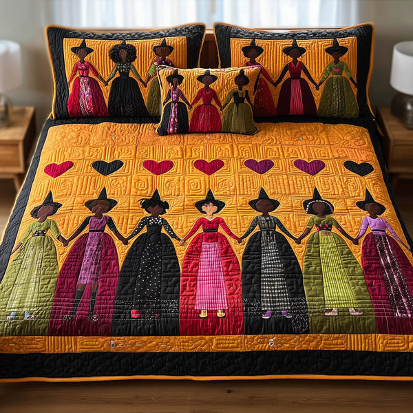 Wisdom Squad quilted 3-piece bedding set on a made bed with two matching pillow shams