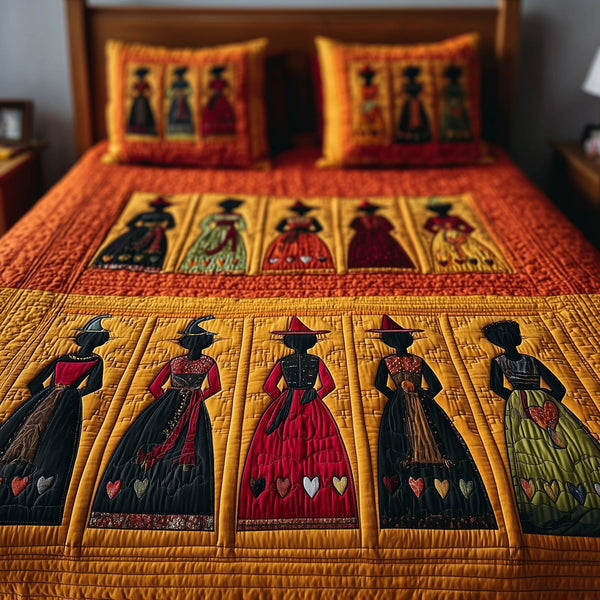 Wisdom Squad quilted 3-piece bedding set on a made bed with two matching pillow shams