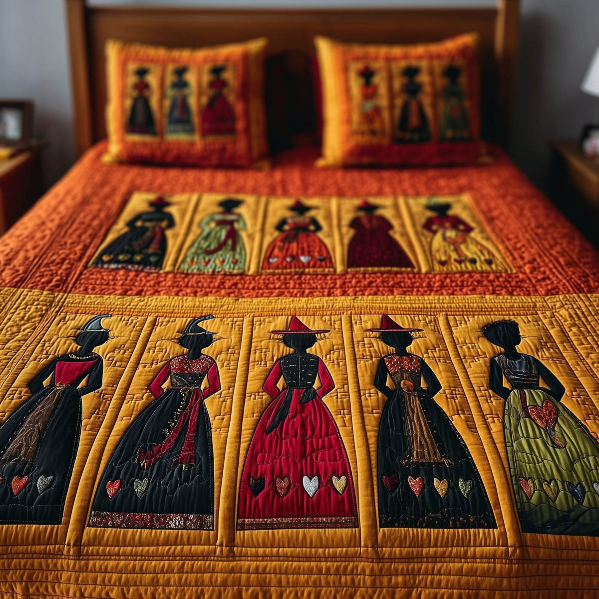 Wisdom Squad quilted 3-piece bedding set on a made bed with two matching pillow shams