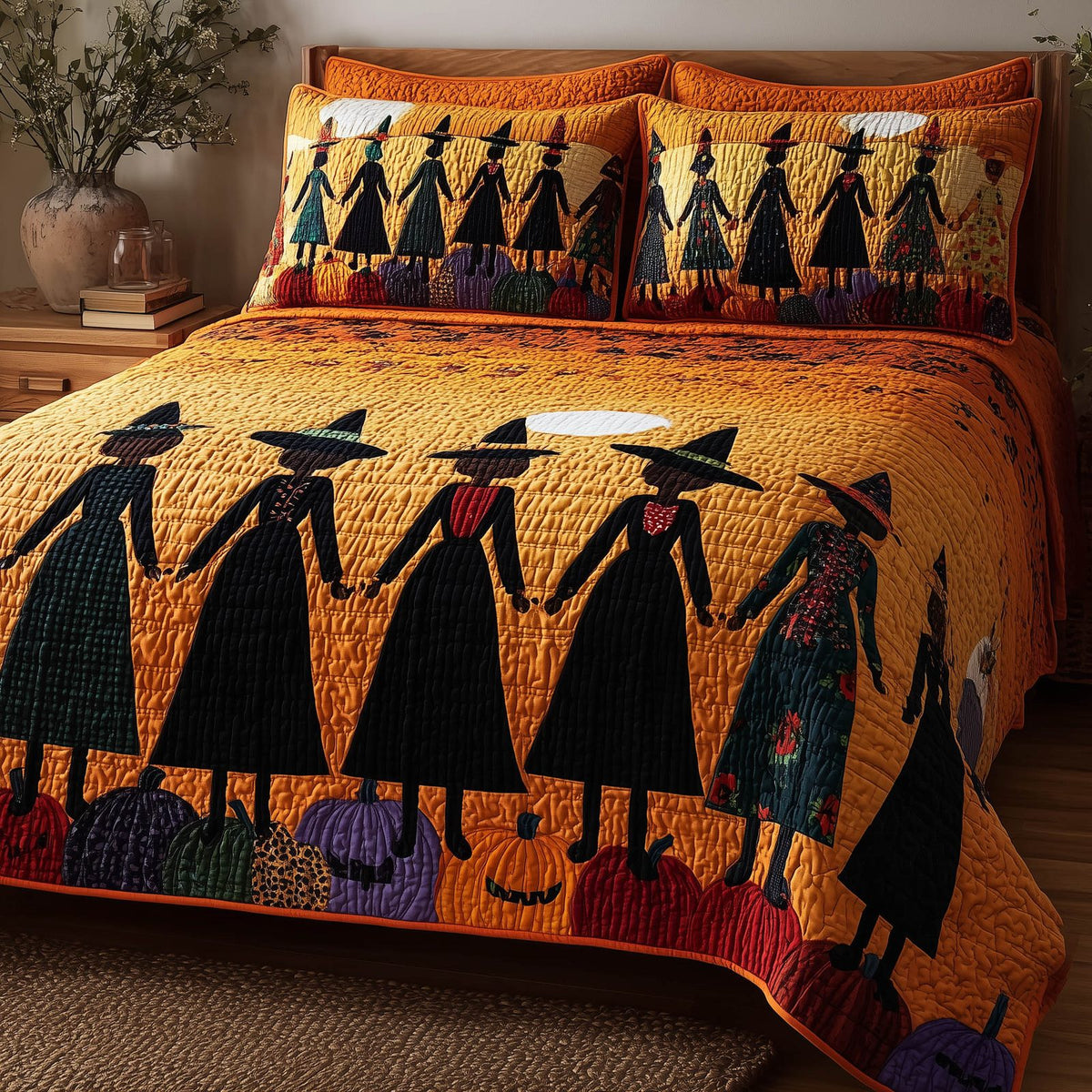 Wisdom Squad quilted 3-piece bedding set on a made bed with two matching pillow shams