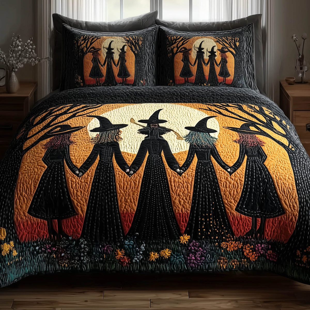 Wisdom Squad quilted 3-piece bedding set on a made bed with two matching pillow shams