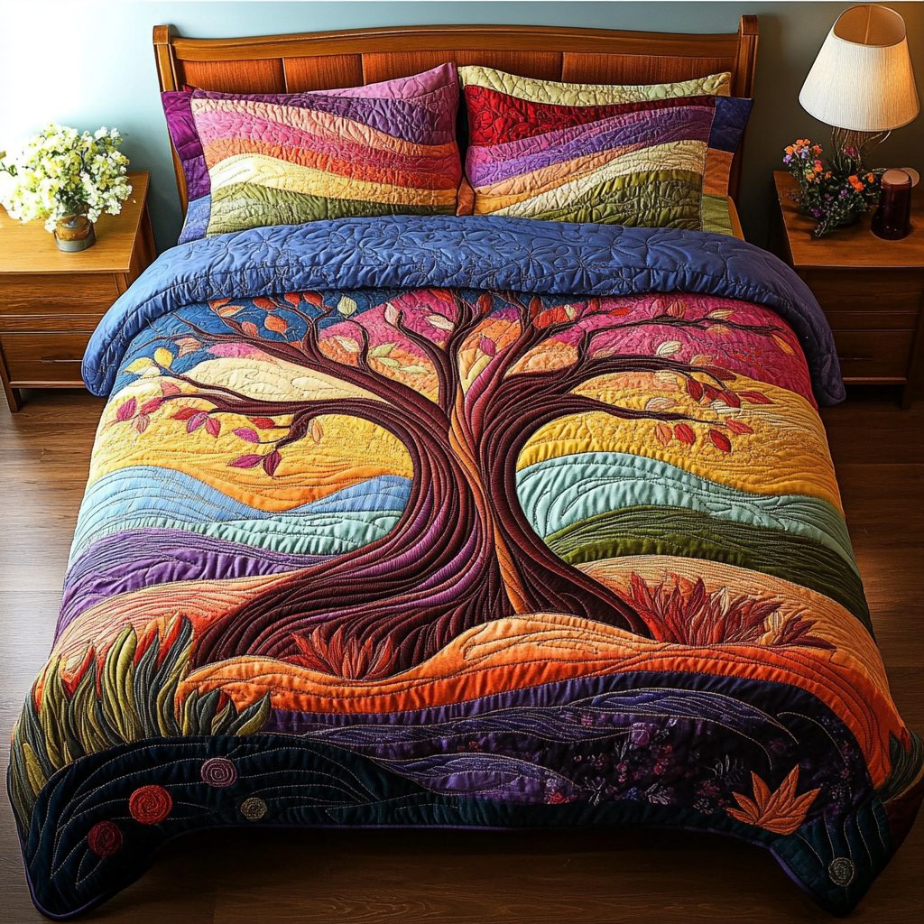 Wisdom Tree quilted 3-piece bedding set on a made bed with two matching pillow shams