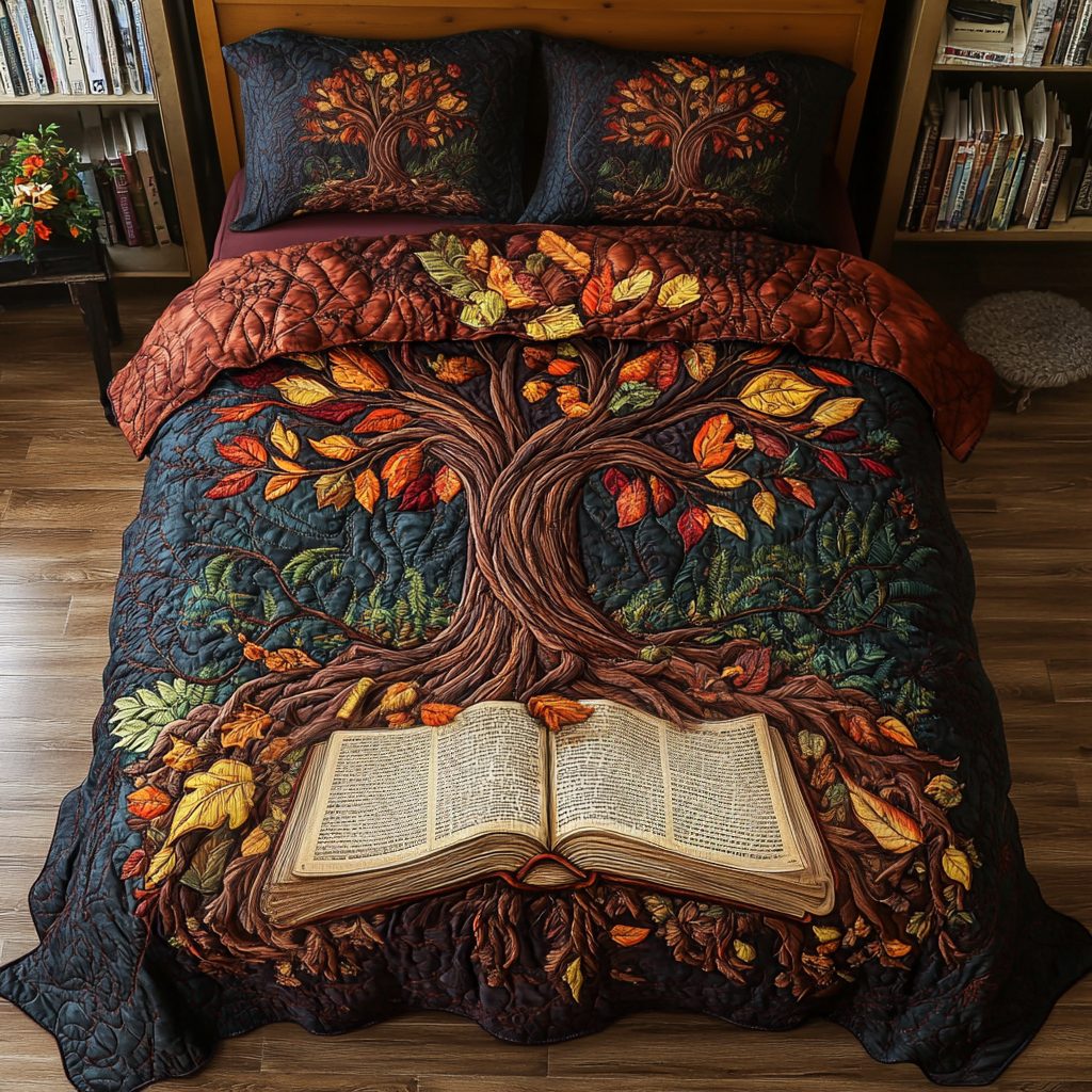 Wisdom Warmth quilted 3-piece bedding set on a made bed with two matching pillow shams