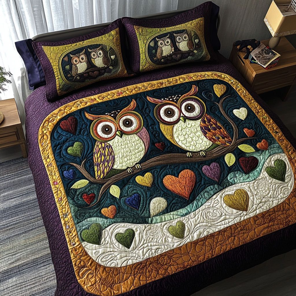 Wise and Wonderful Together quilted 3-piece bedding set on a made bed with two matching pillow shams
