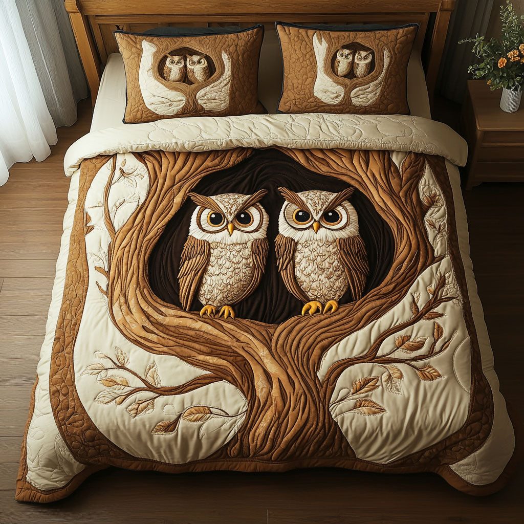 Wise Duo quilted 3-piece bedding set on a made bed with two matching pillow shams