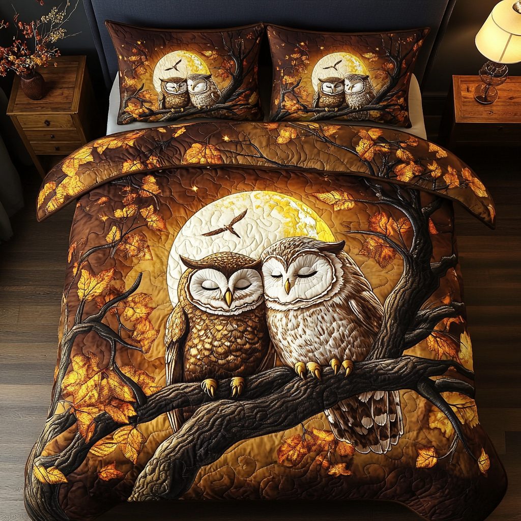 Wise in Love quilted 3-piece bedding set on a made bed with two matching pillow shams