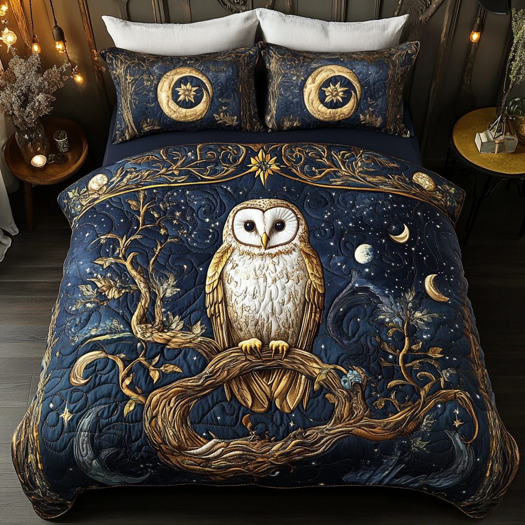Wise Owl quilted 3-piece bedding set on a made bed with two matching pillow shams