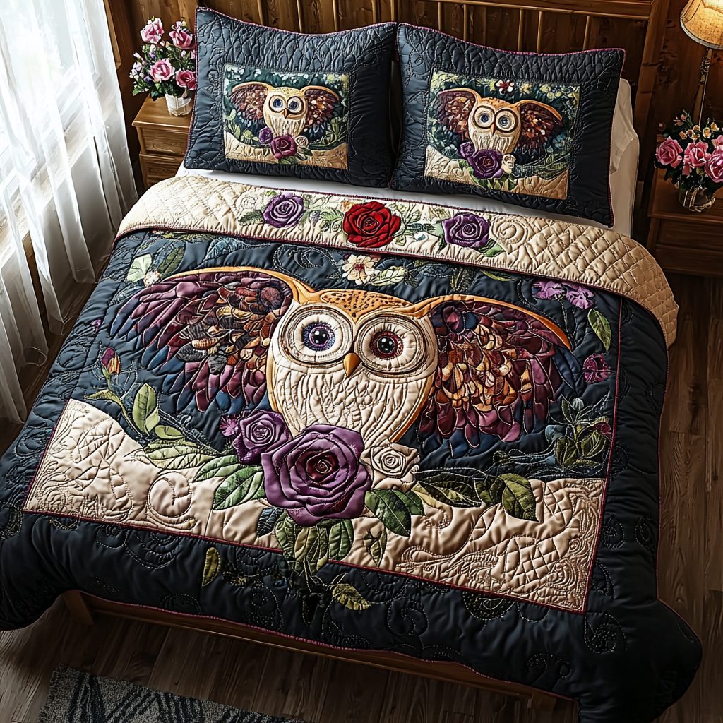 Wise Owl quilted 3-piece bedding set on a made bed with two matching pillow shams