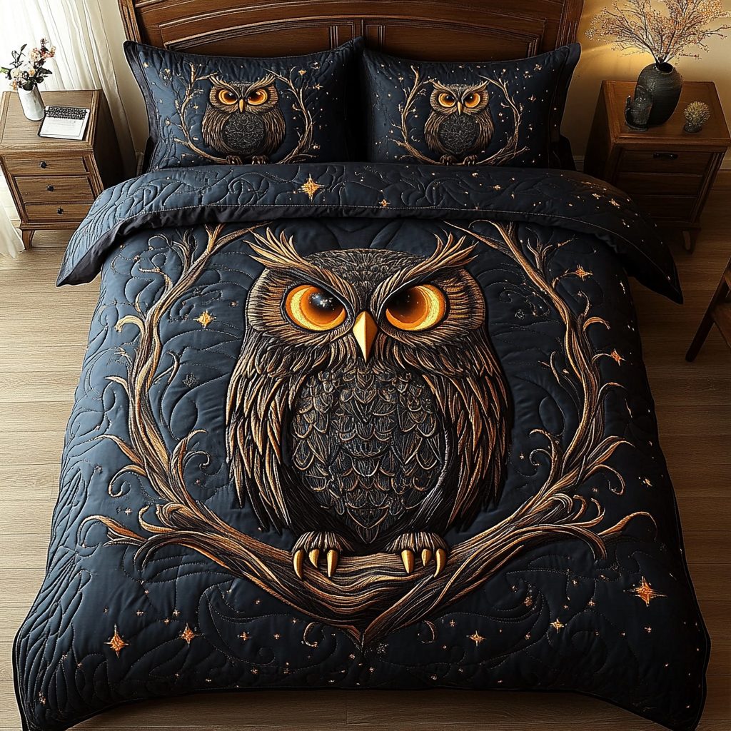 Wise Wings quilted 3-piece bedding set on a made bed with two matching pillow shams
