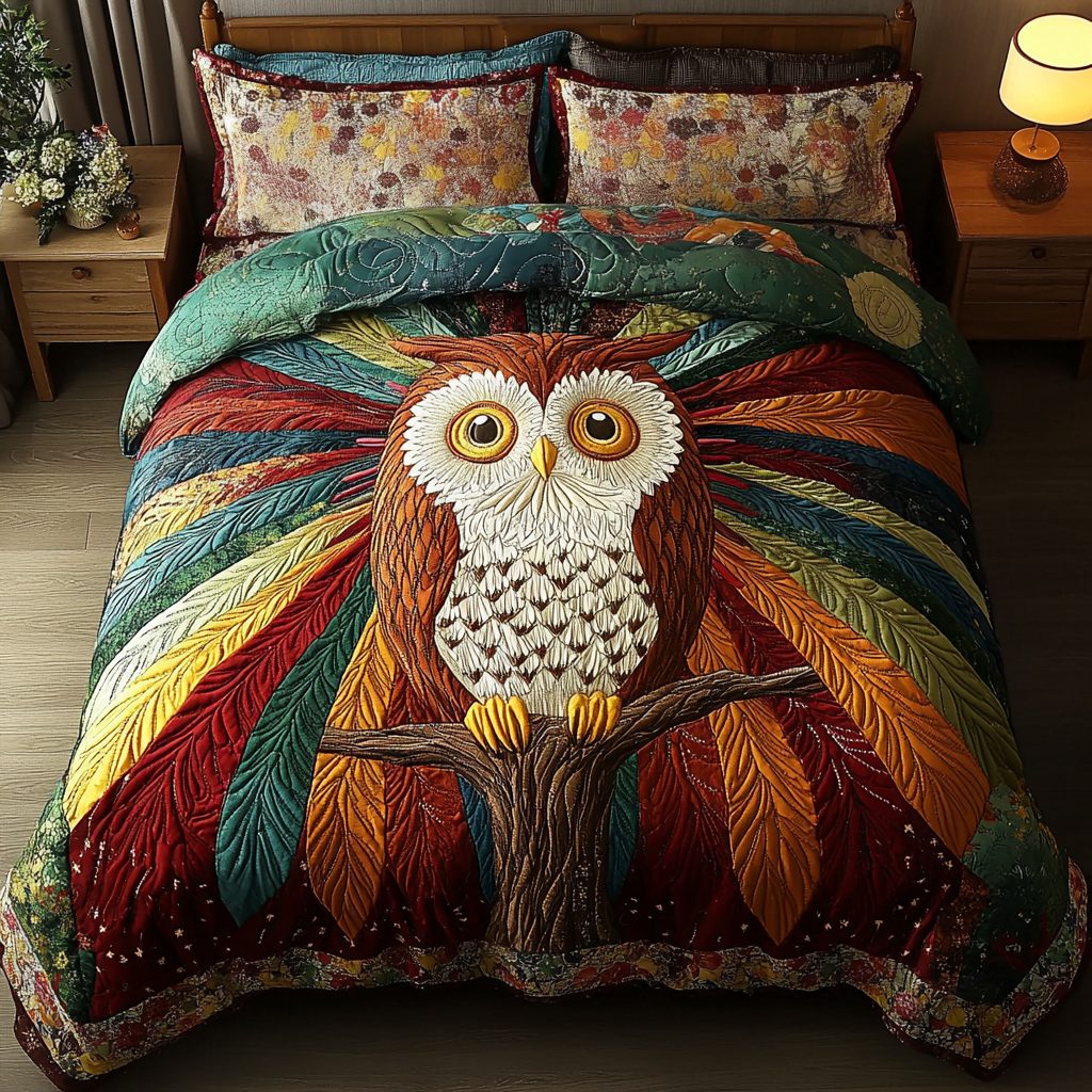 Wise Wings quilted 3-piece bedding set on a made bed with two matching pillow shams
