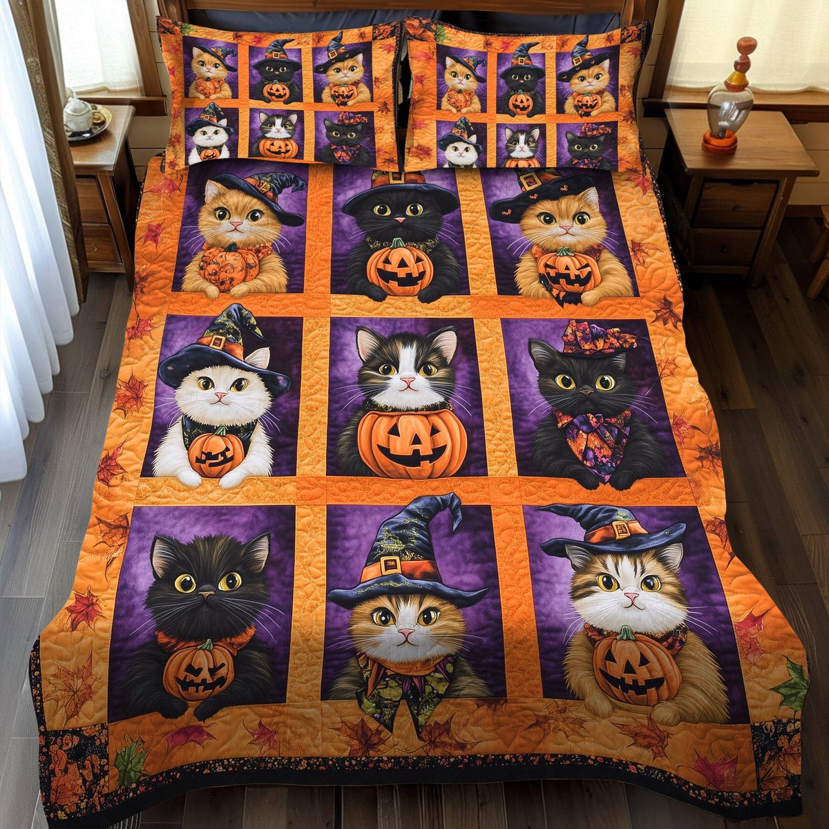 Witch Hat Kitties quilted 3-piece bedding set on a made bed against a dark styled interior