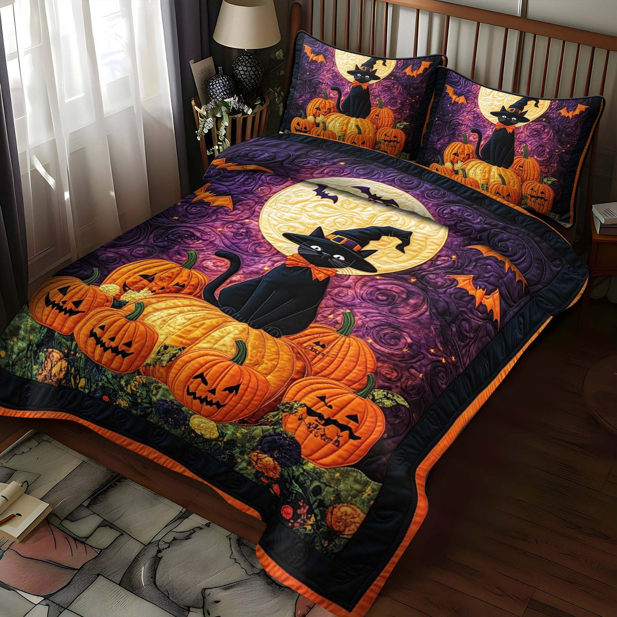 Witch Night Out quilted 3-piece bedding set on a made bed against a dark styled interior