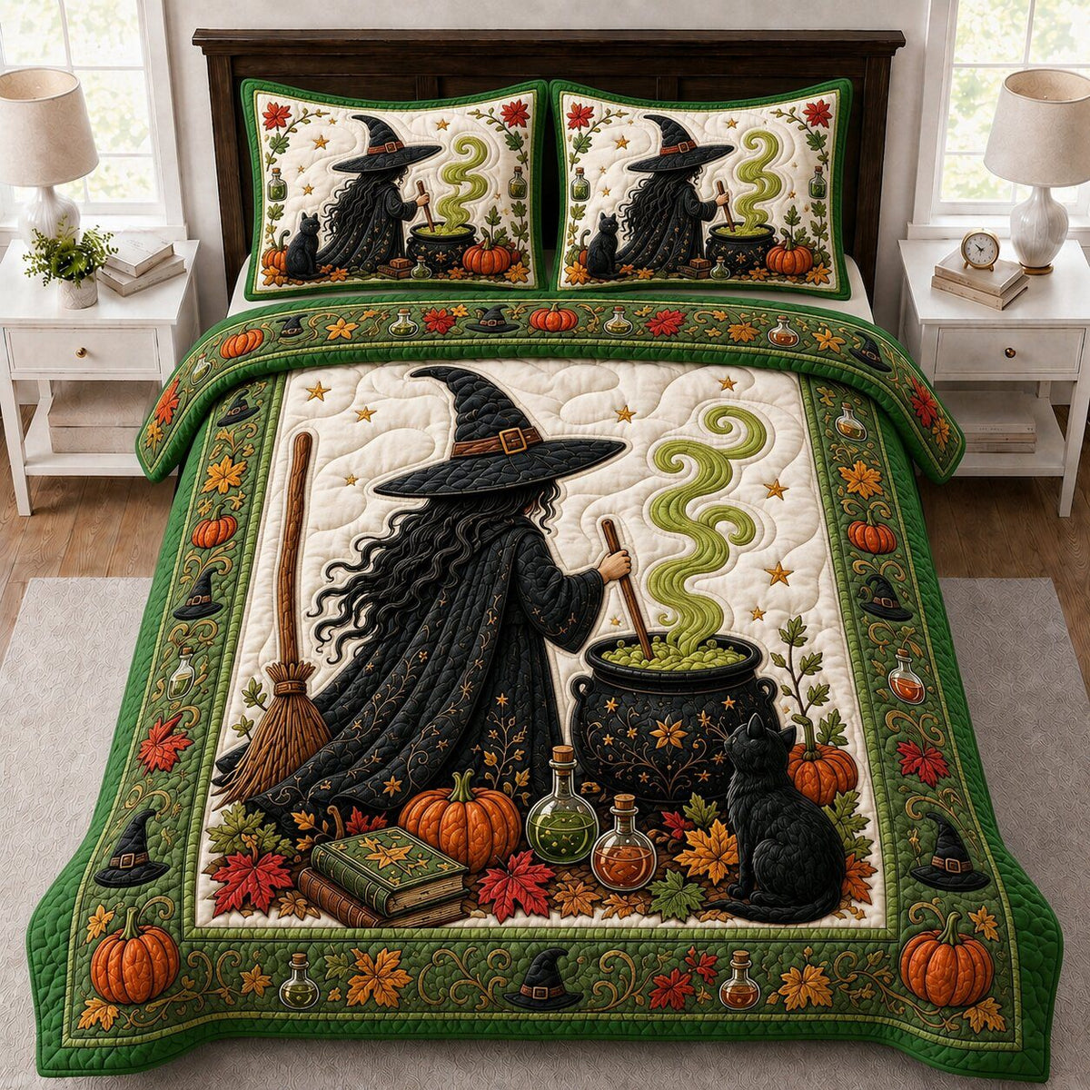 Witch Whispers quilted 3-piece bedding set on a made bed against a dark styled interior