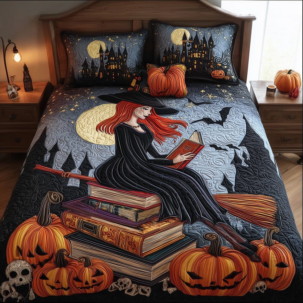 Witchcraft Tales quilted 3-piece bedding set on a made bed against a dark styled interior