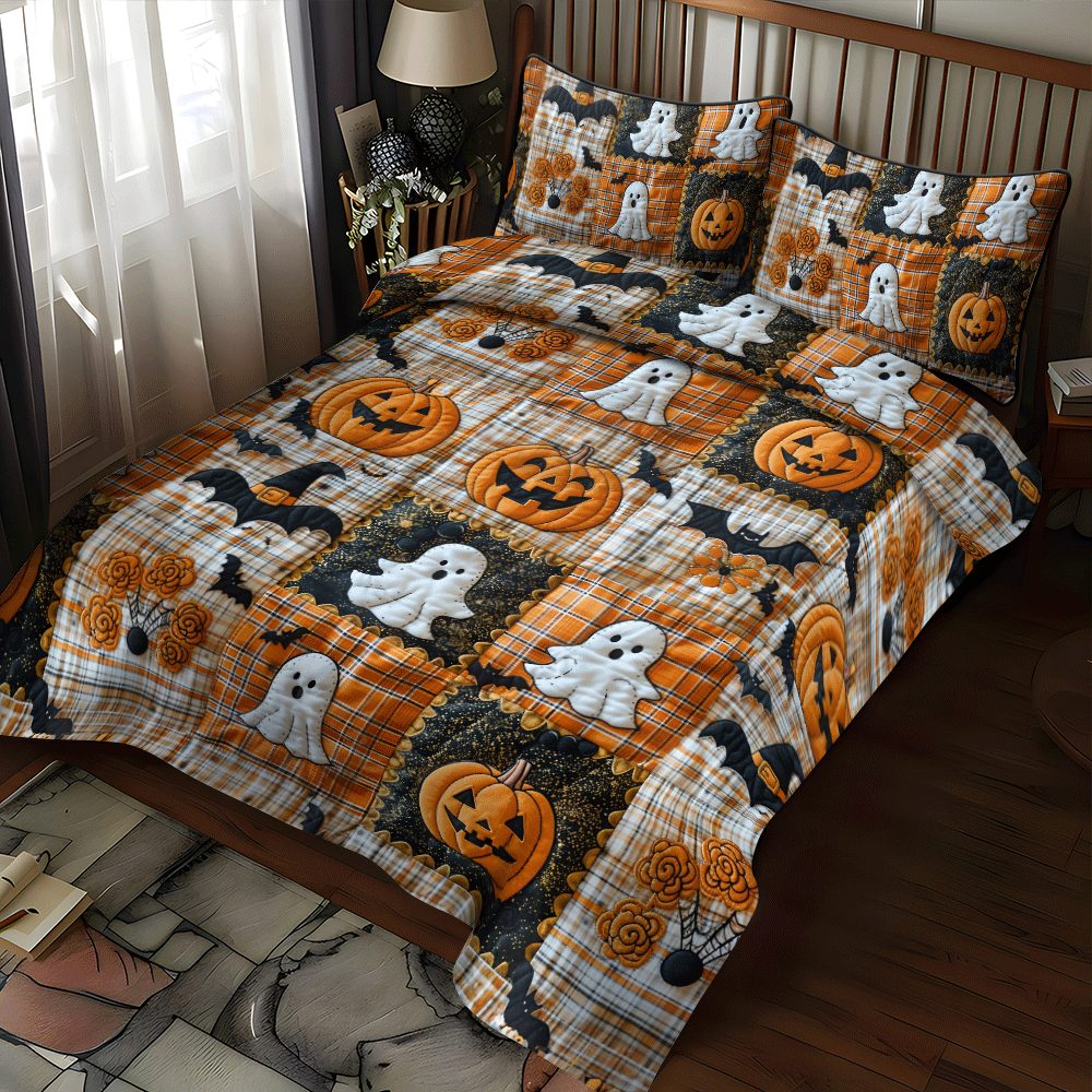 Witches Boots Halloween quilted 3-piece bedding set on a made bed against a dark styled interior