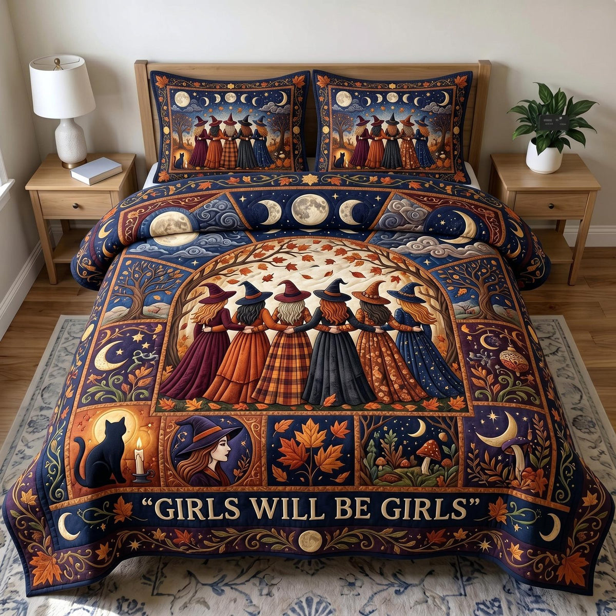 Witches Coven quilted 3-piece bedding set on a made bed against a dark styled interior