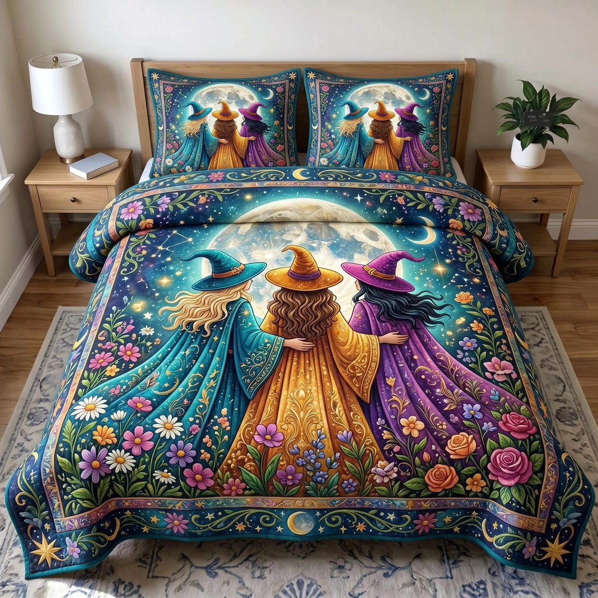 Witches Coven quilted 3-piece bedding set on a made bed against a dark styled interior