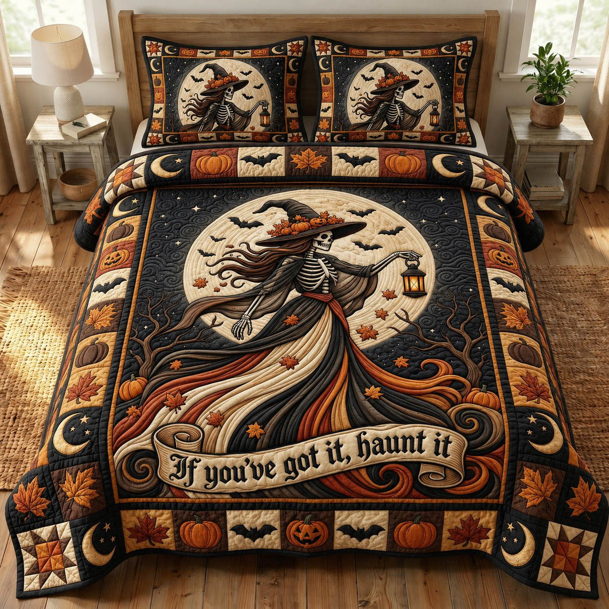 Witches Coven quilted 3-piece bedding set on a made bed against a dark styled interior