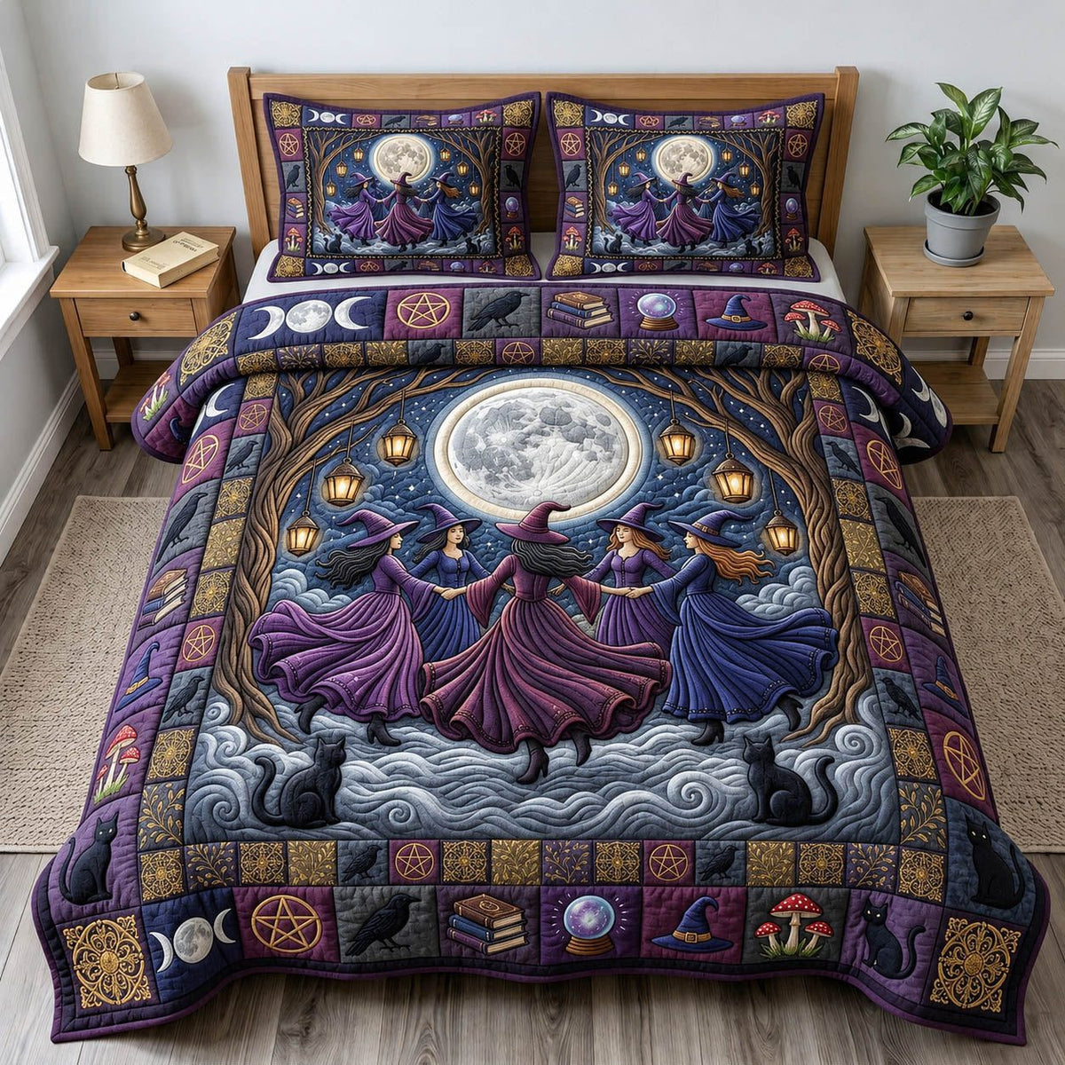 Witches Coven quilted 3-piece bedding set on a made bed against a dark styled interior