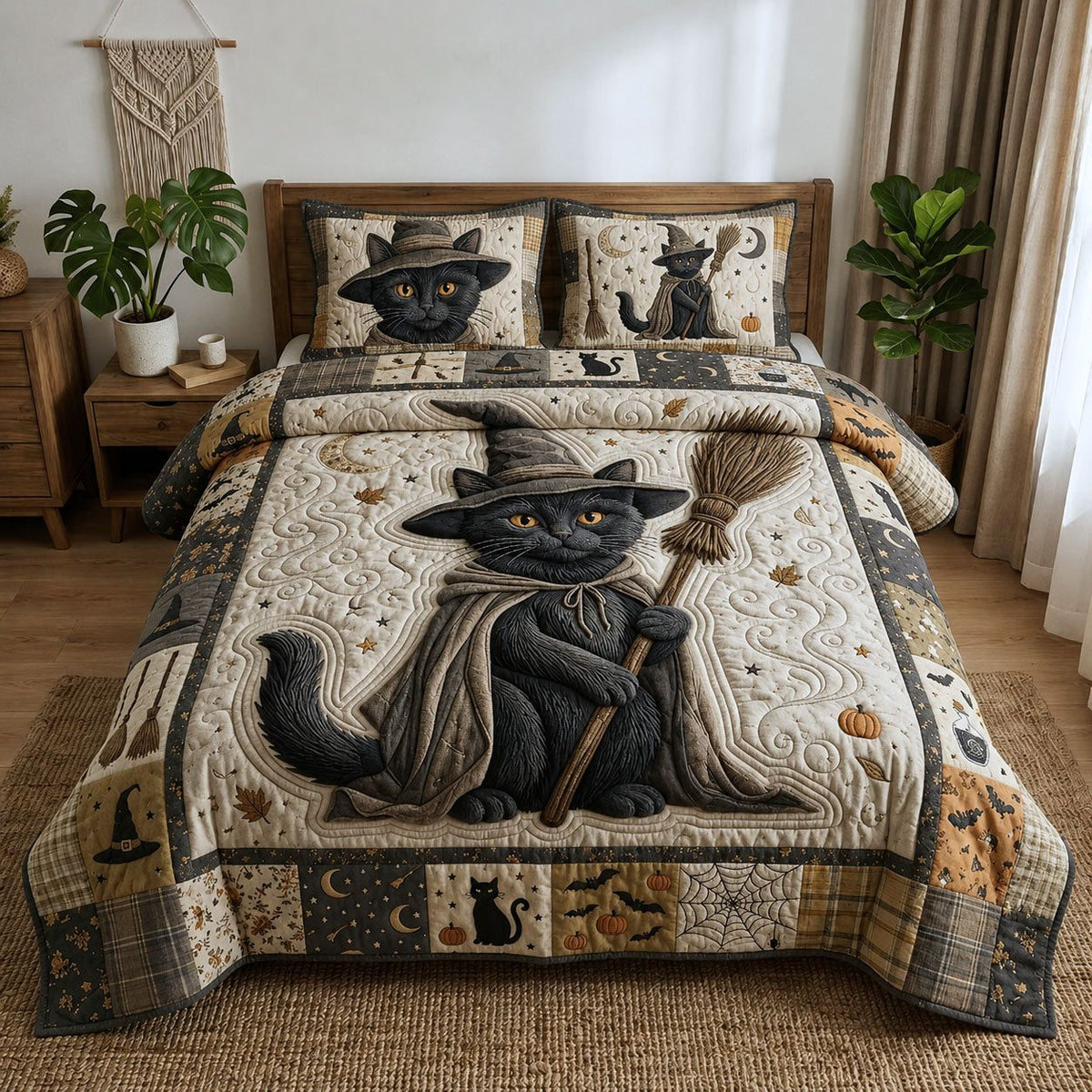 Witchy Black Cat quilted 3-piece bedding set on a made bed against a dark styled interior