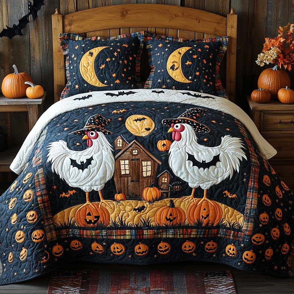 Witchy Pumpkin Lane quilted 3-piece bedding set on a made bed against a dark styled interior