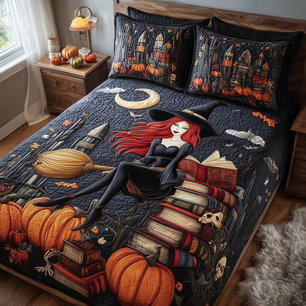 Witchy Stories quilted 3-piece bedding set on a made bed against a dark styled interior