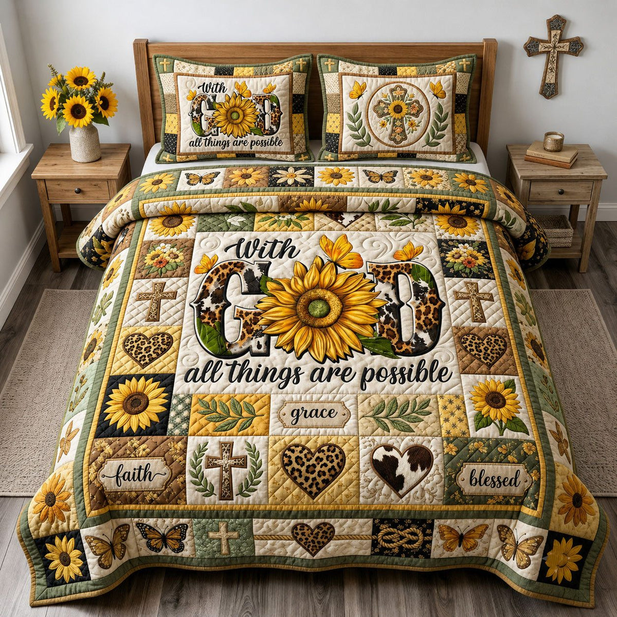 With God All Things Are Possible quilted 3-piece bedding set on a made bed in a softly lit bedroom