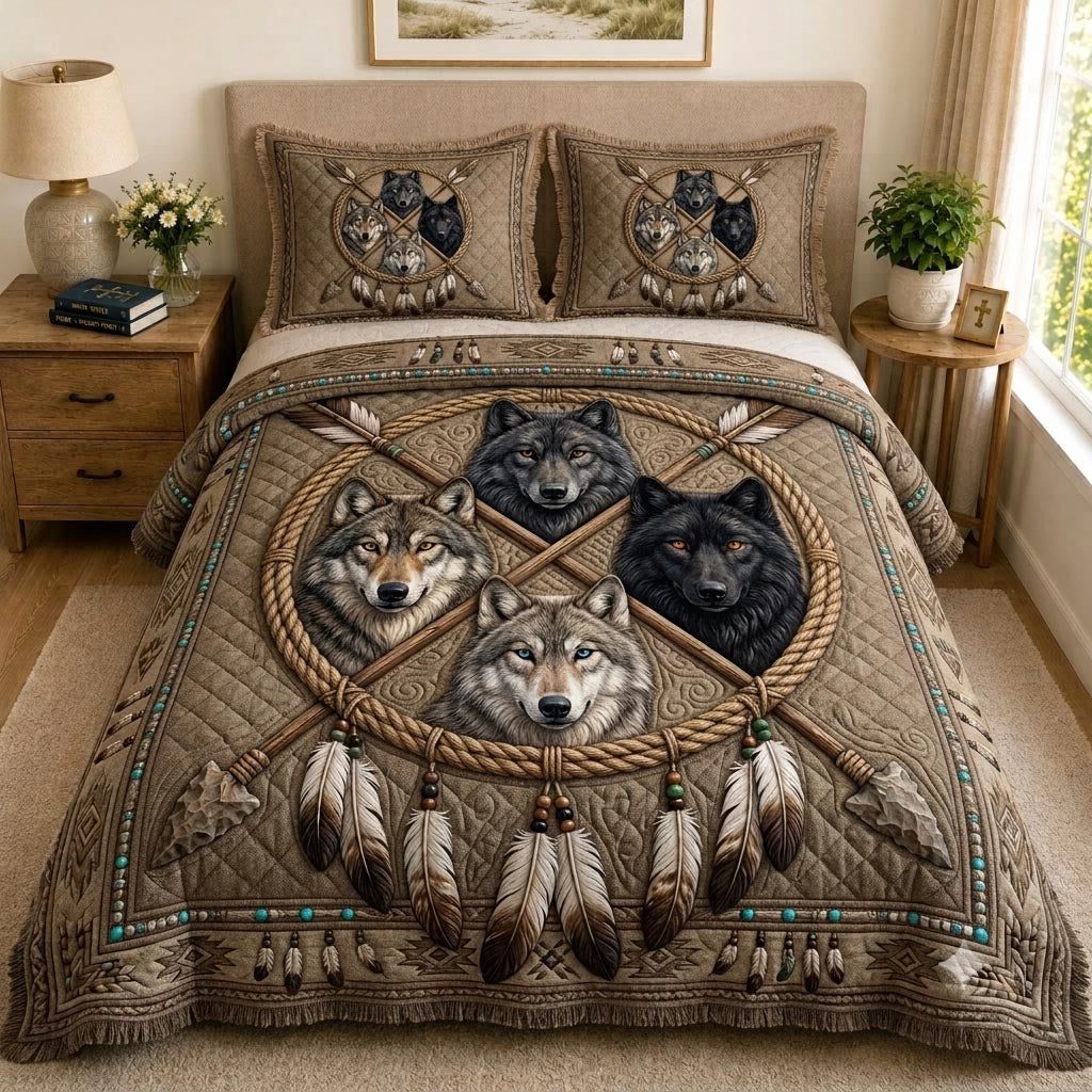 Wolf Circle quilted 3-piece bedding set on a made bed with two matching pillow shams