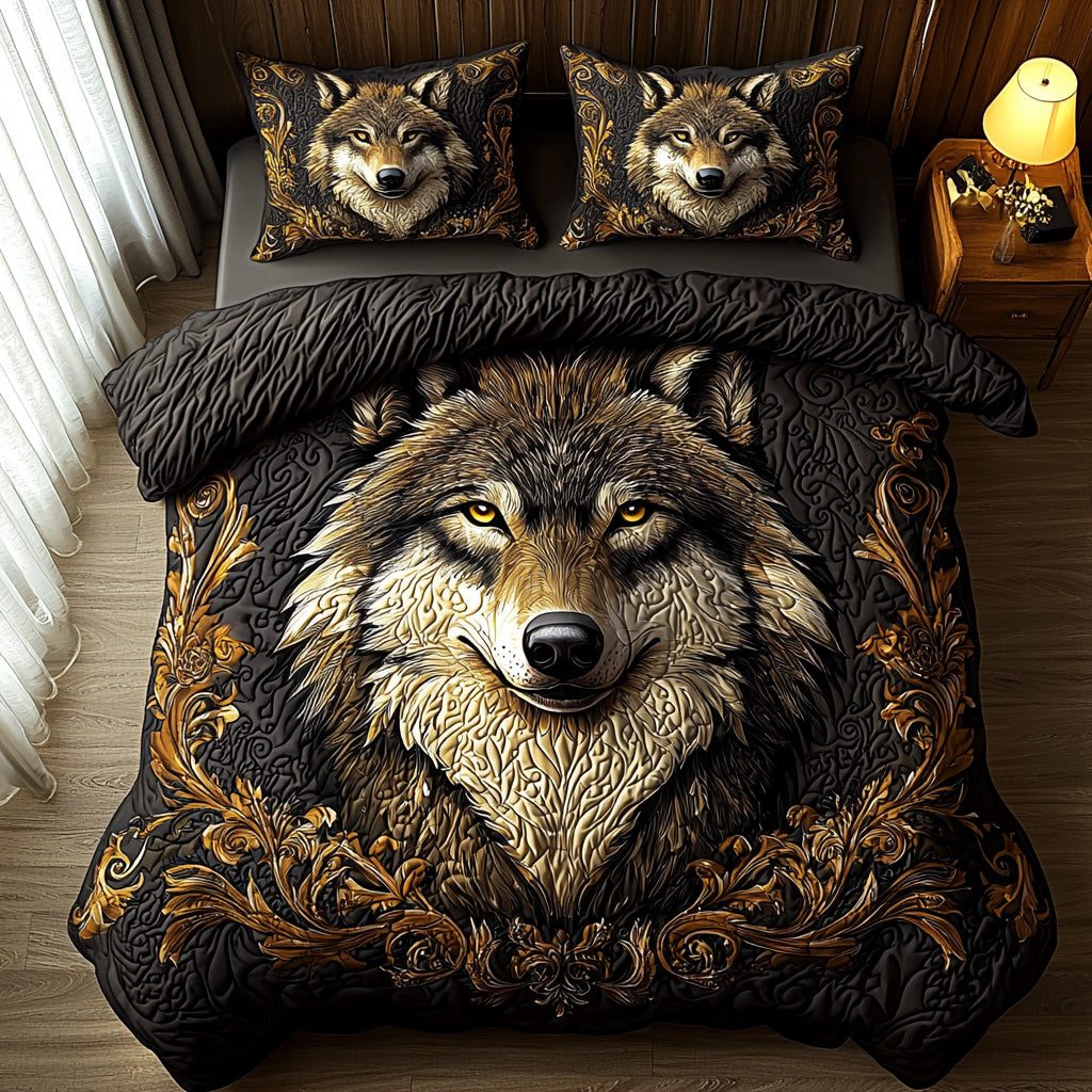 Wolf Gaze quilted 3-piece bedding set on a made bed with two matching pillow shams