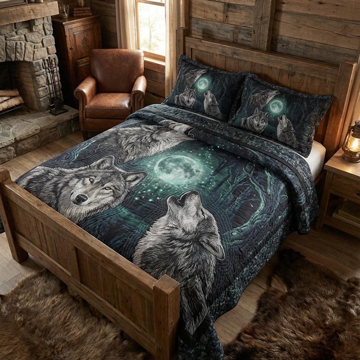 Wolf Haven quilted 3-piece bedding set on a made bed with two matching pillow shams