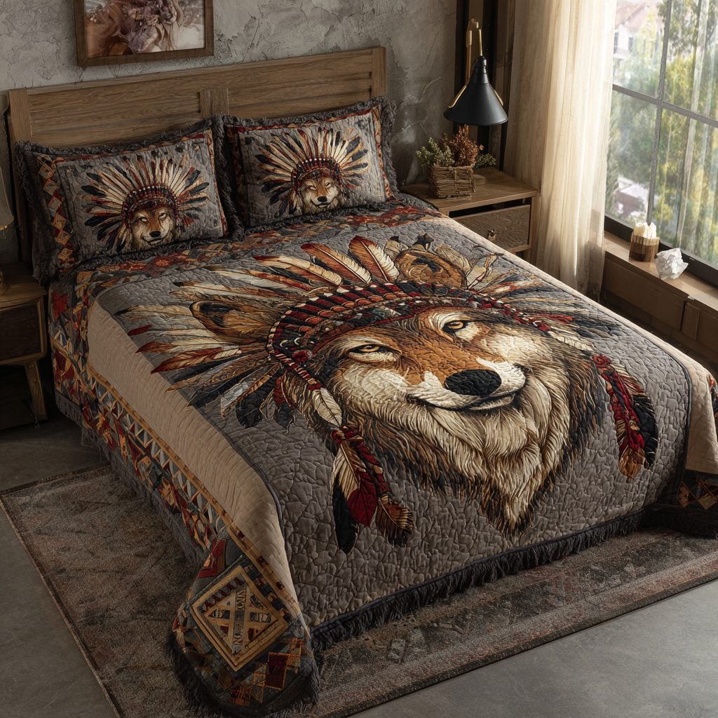 Wolf Moon quilted 3-piece bedding set on a made bed with two matching pillow shams