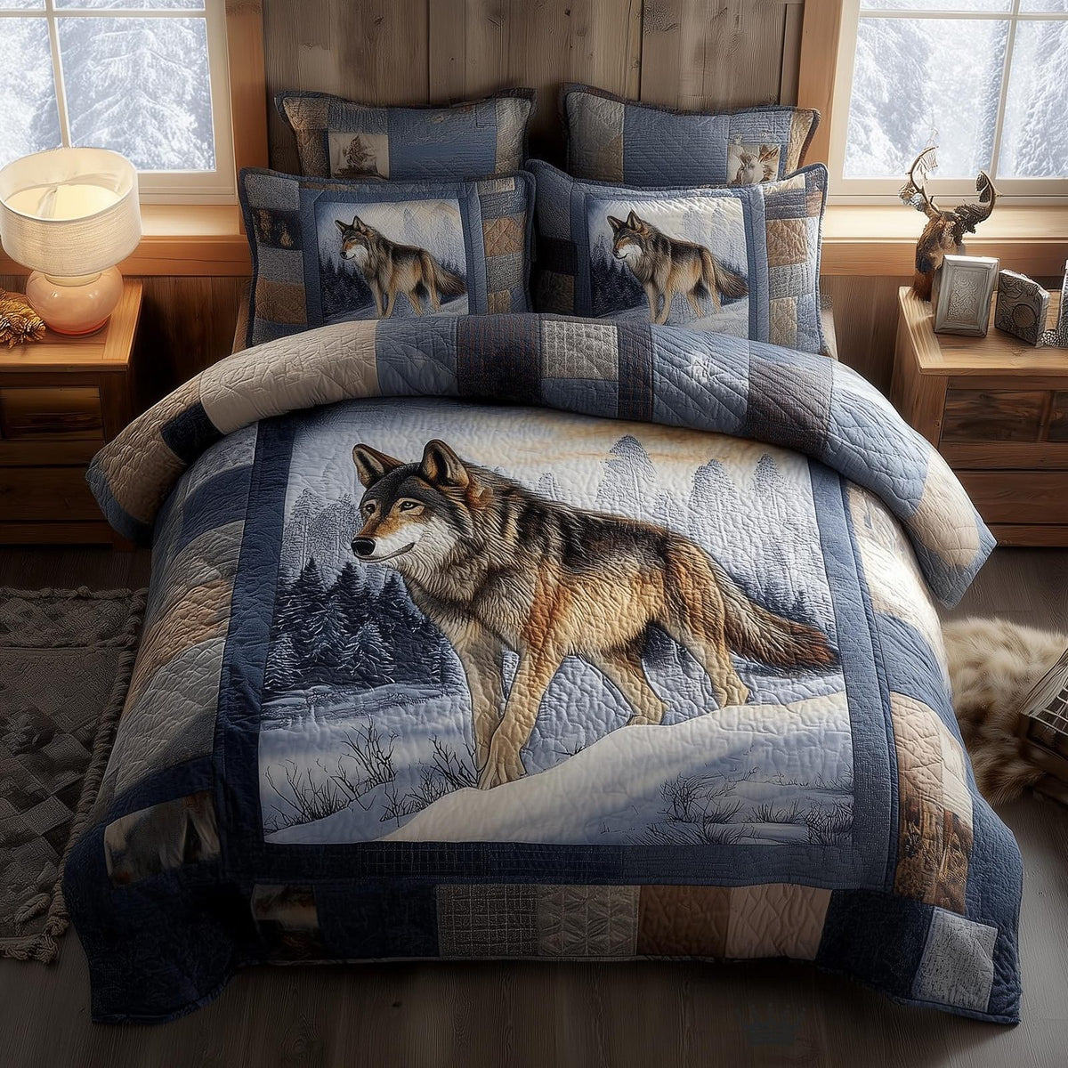 Wolf quilted 3-piece bedding set on a made bed with two matching pillow shams