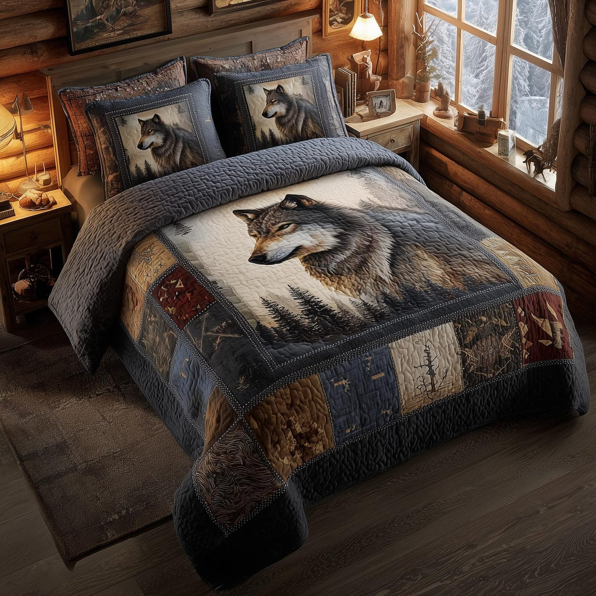 Wolf quilted 3-piece bedding set on a made bed with two matching pillow shams