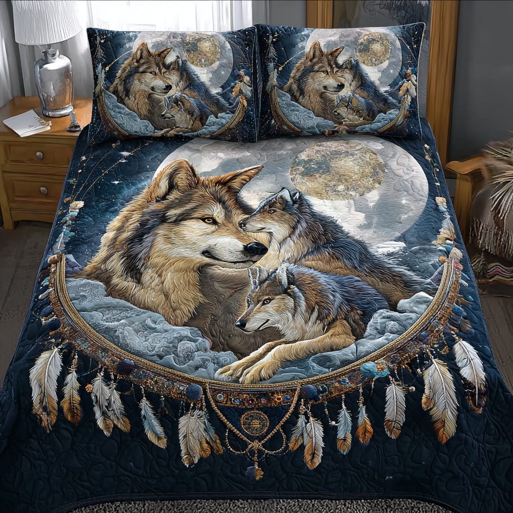 Wolf Realm quilted 3-piece bedding set on a made bed with two matching pillow shams