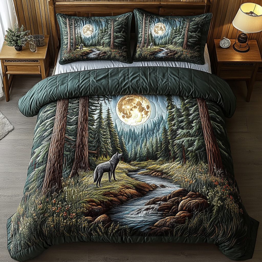 Wolf Serenity quilted 3-piece bedding set on a made bed with two matching pillow shams