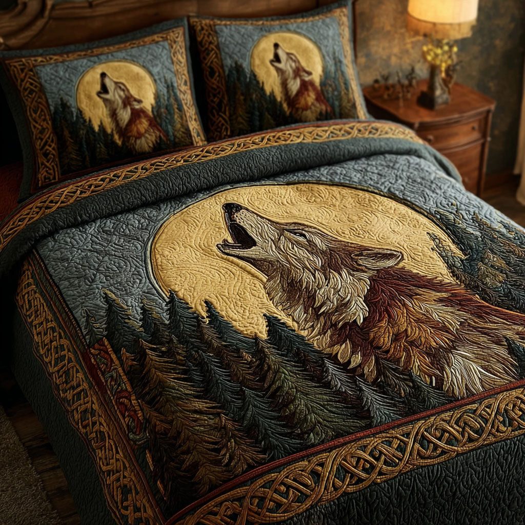 Wolf Shadow quilted 3-piece bedding set on a made bed with two matching pillow shams