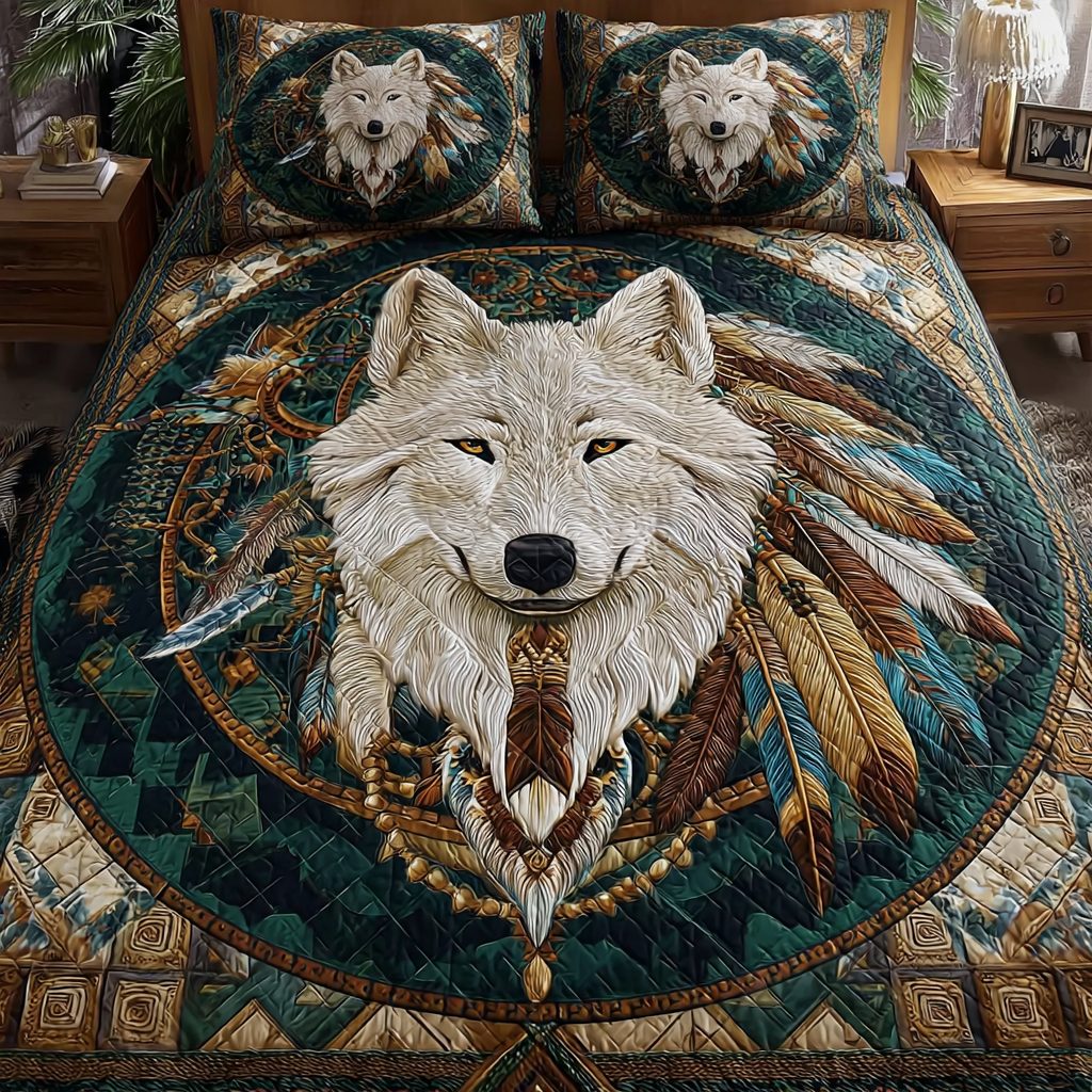 Wolf Soul quilted 3-piece bedding set on a made bed with two matching pillow shams