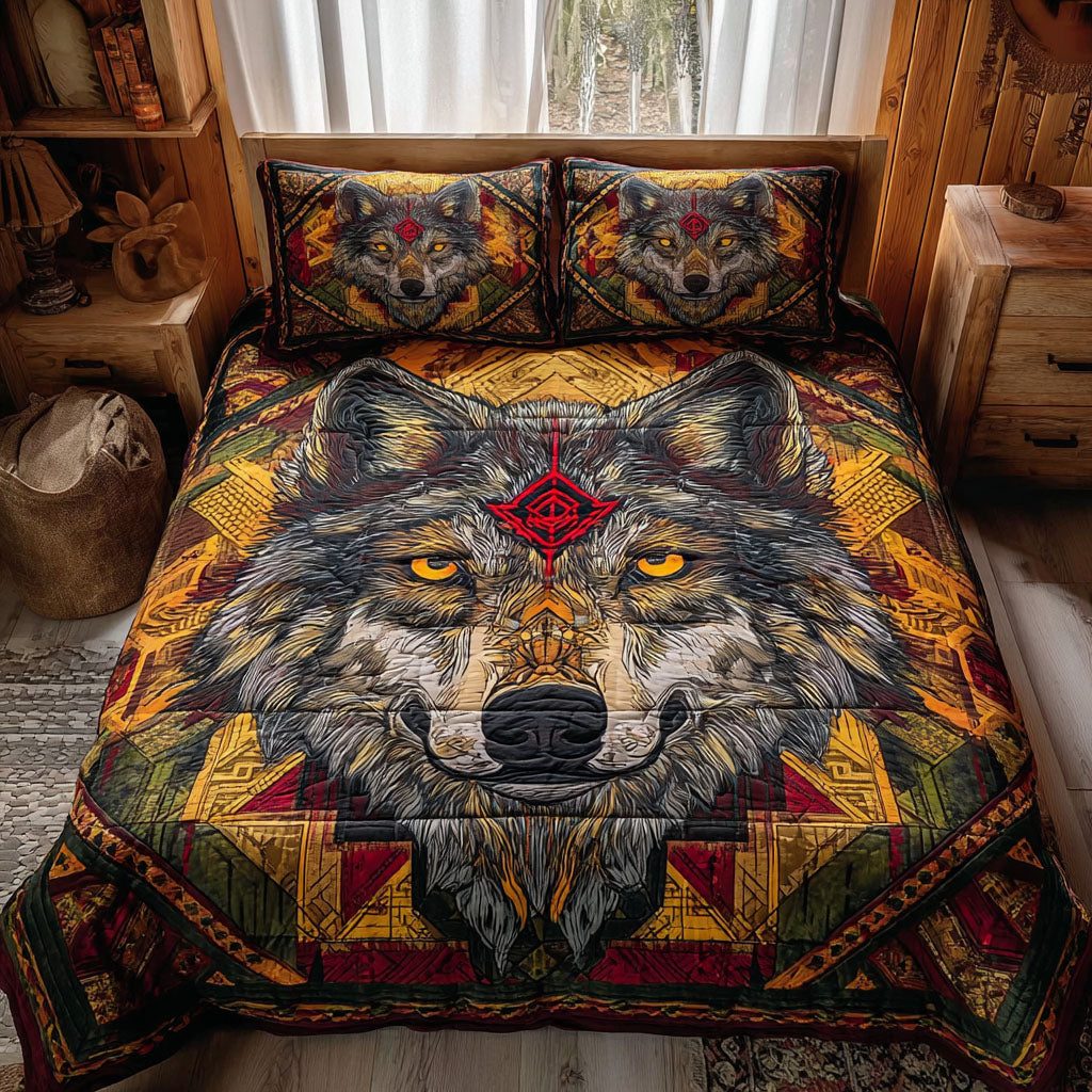 Wolf Spirit quilted 3-piece bedding set on a made bed with two matching pillow shams