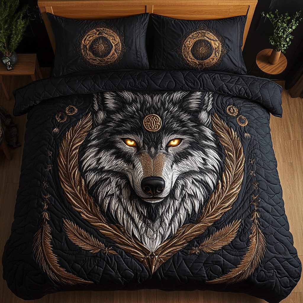 Wolf Spirit quilted 3-piece bedding set on a made bed with two matching pillow shams